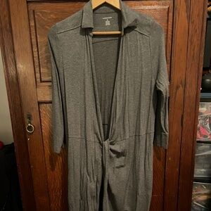 LANDS END Classic collared long sleeve knit dark gray wrap dress-EUC